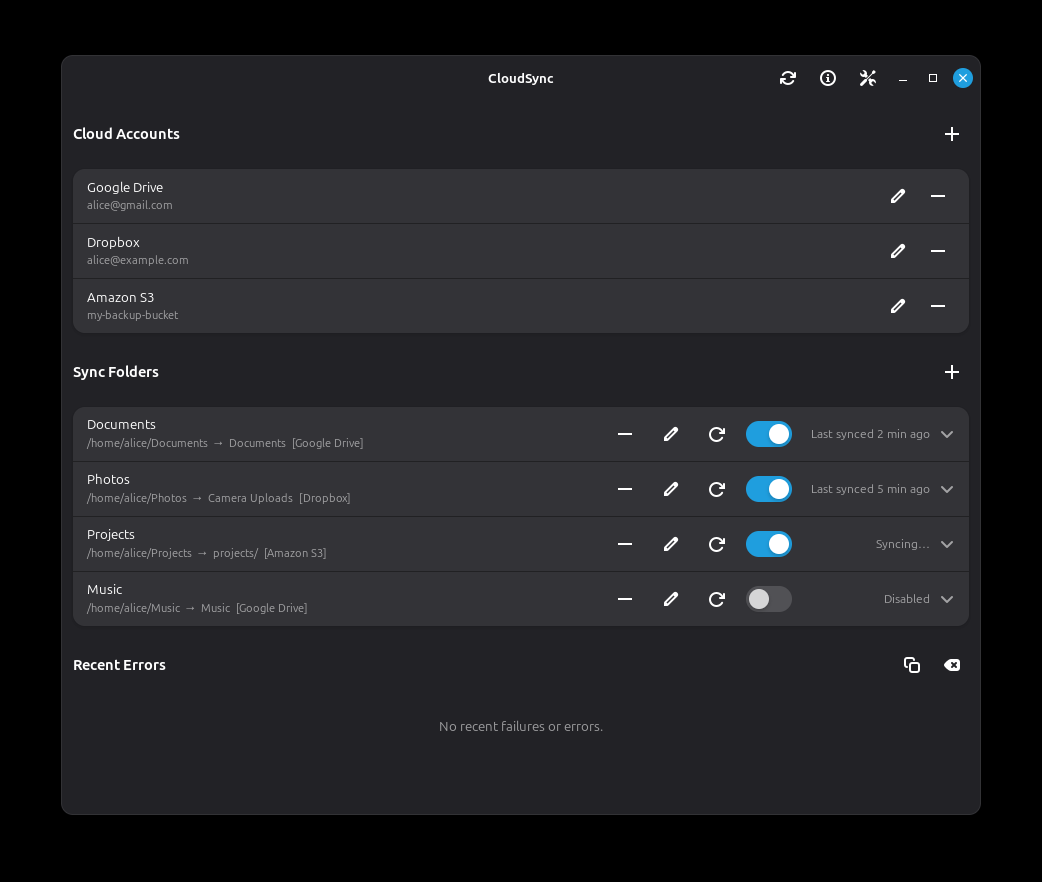 CloudSync main window showing Cloud Accounts and Sync Folders